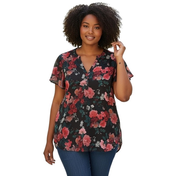 TORRID 00 0X XL Red Pink Floral Harper Tunic Top R $59 - Picture 1 of 10